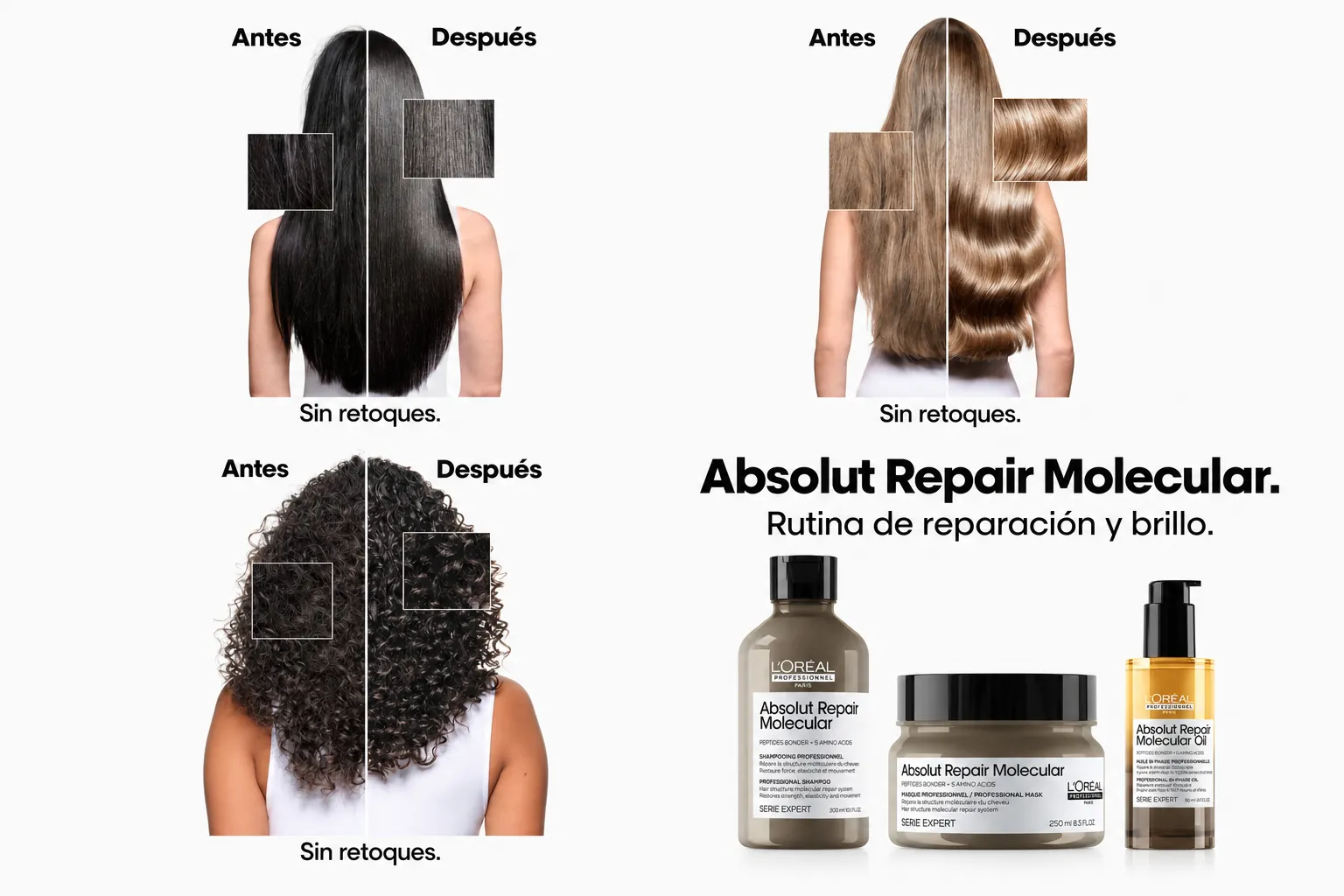 Antes y después de Absolut Repair Molecular en cabello liso, ondulado y rizado